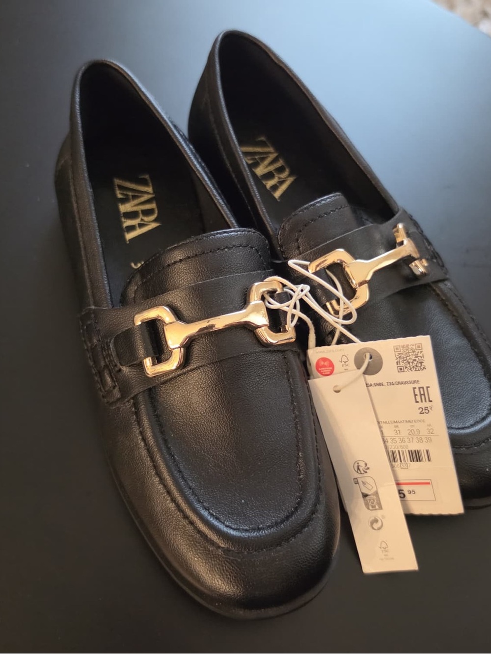 ZARA Black Leather Slip-On Loafers with Gold Bit